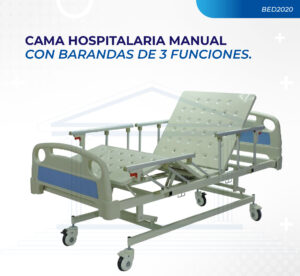 CAMA HOSPITALARIA MANUAL EN ABS CON BARANDA 3 FUNCIONES